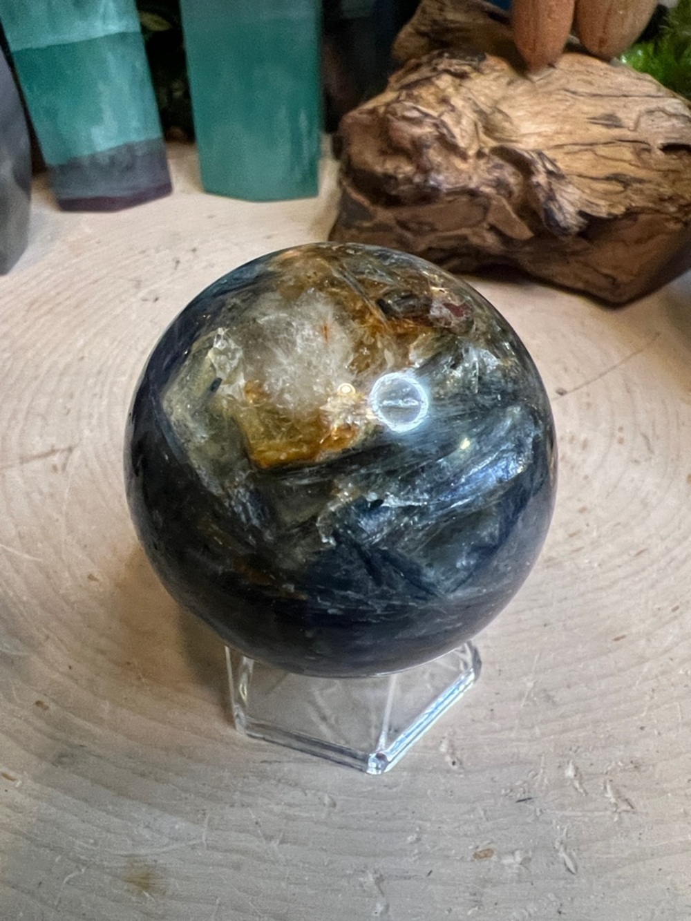 Blue kyanite in quartz sphere